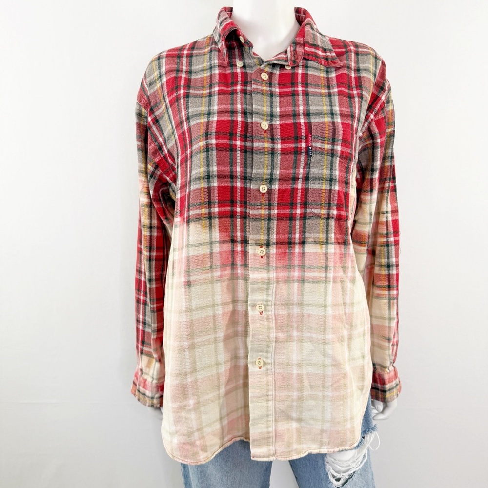 FILA Sport Red Plaid Bleached Sport Thermal Flannel Shirt Size L Casual Western
